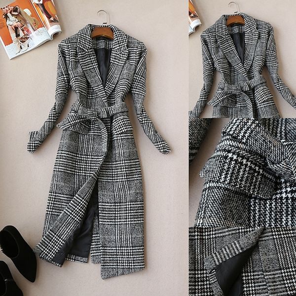 

quality winter long temperament ladies plaid elegant woolen jacket zjbb, Black