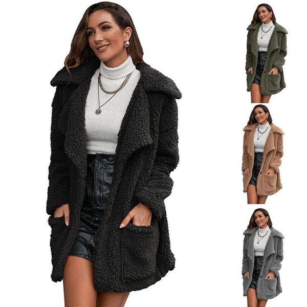 

women's trench coats women fuzzy fleece lapel long cardigan jacket warm winter solid color casual faux fur open front coat outwear for, Tan;black