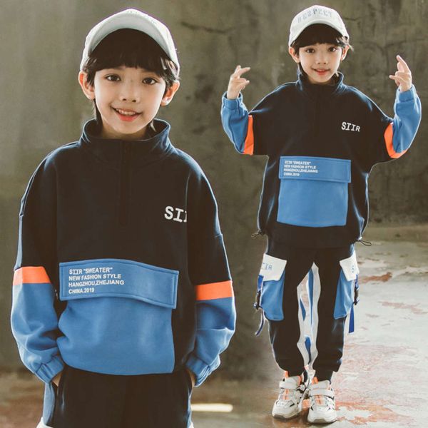 

sports suit 2021 new spring clothes boys' middle school loose fitting children's pullover sweater hip hop two piece set, White