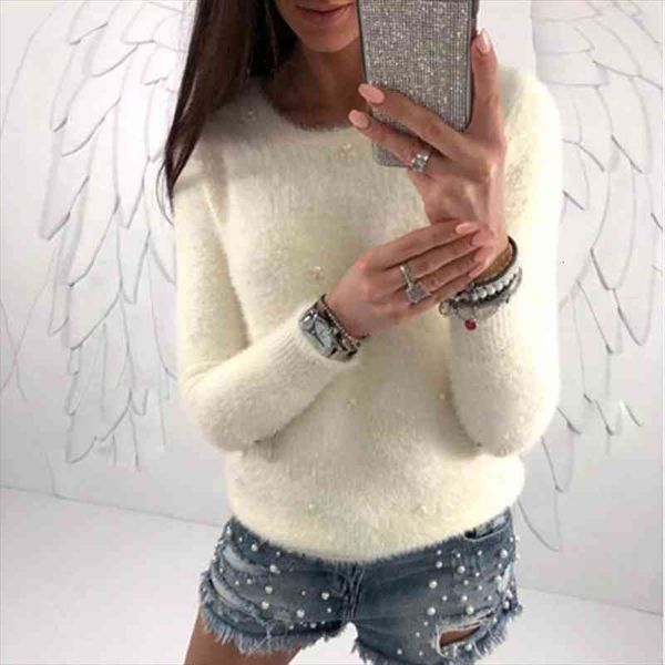 

autumn winter women fashion faux sweater pearl beading solid color plush long sleeve pullover warm pull femme, White;black