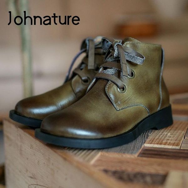 

boots johnature genuine leather shoes women 2021 lace-up round toe flat with sewing handmade retro mori platform, Black