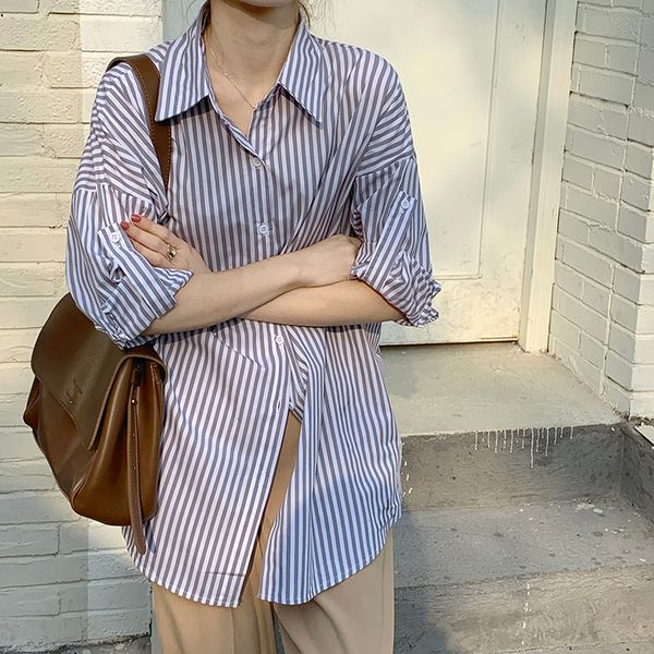 

chic striped women loose fashion brief geometric casual shirts 2021 new streetwear gentle ol all match clothe blouses emky, Black