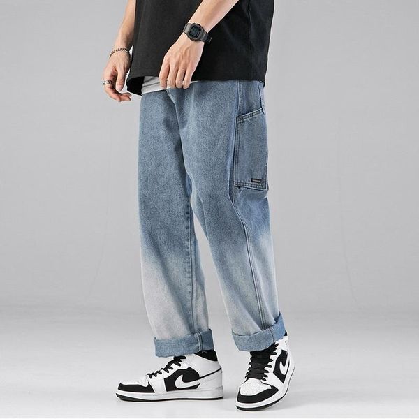 

men's jeans 2021 spring autumn fashion mens loose casual pants wide-leg gradient embroidery stitching trousers trend summer daily, Blue