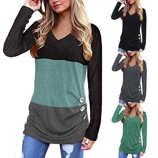 

long mouw women loose button trim patchwork v-neck tuniek trui t-shirts football, White