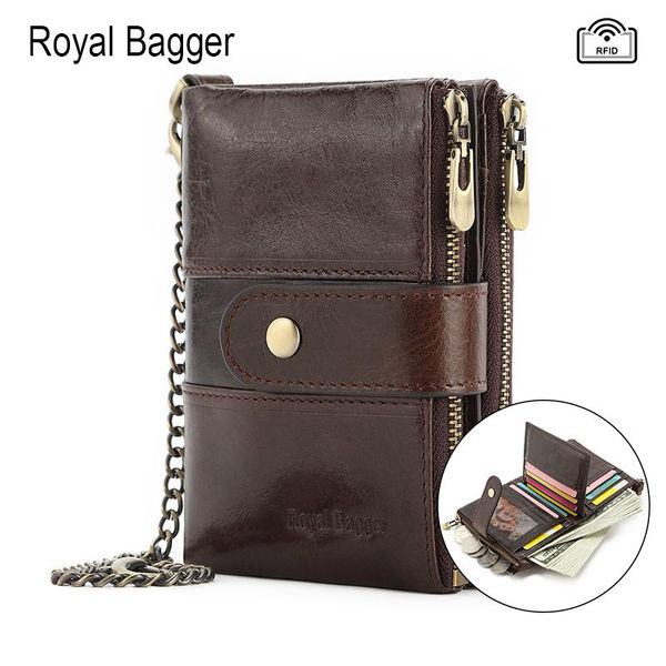 

royal bagger men's short wallet with chain rfid genuine leather western style engraving card slots casual retro, Red;black