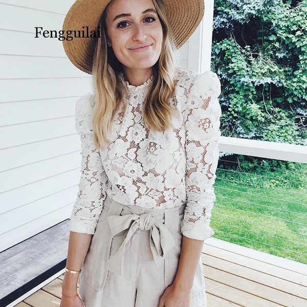 

women's blouses & shirts vintage lace blouse women shirt hollow out embroidery white chic puff sleeve mesh office ladies