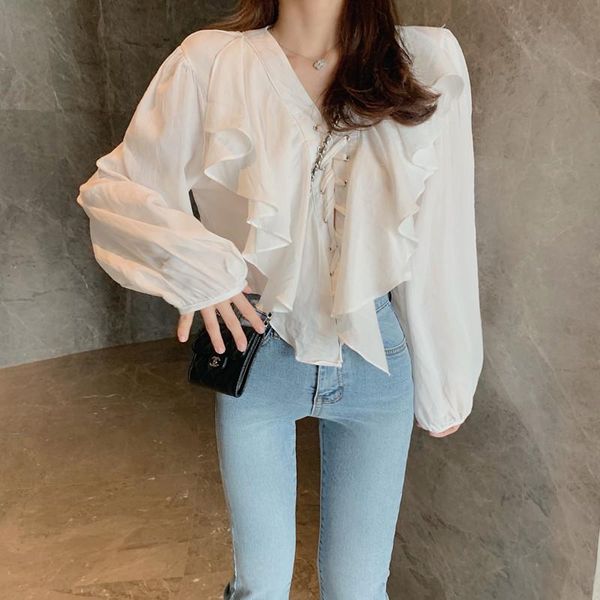 

women's blouses & shirts 2021 women summer kawaii ulzzang lovely v-neck tie with ruffled shirt female sweet harajuku tunic for cute top, White