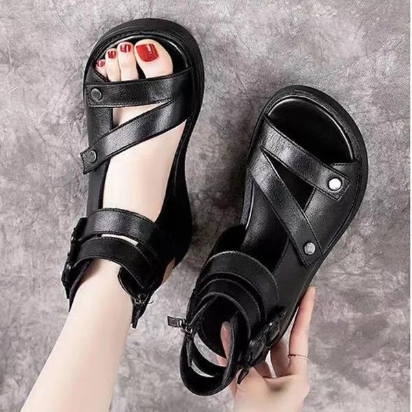 

sandals fish mouth soft pu leather and cowhide summer roman shoes women platform heighten shoe wedges, Black