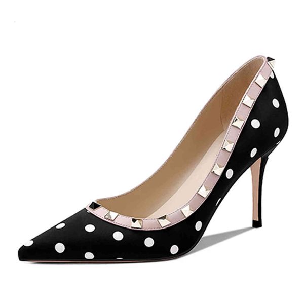 

dress shoes lovirs women classic polka dot rivet pumps woman satin pointed toe high heels slip-on office lady wedding a0tb, Black