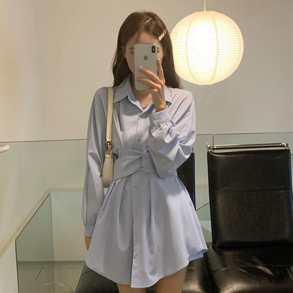 

casual dresses chic mini dress women loose turn-down collar two-piece suit autumn preppy style white korean fashion female, Black;gray