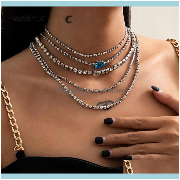 

chains & pendants jewelryingesight.z 5pcs/set shiny blue square rhinestone choker necklace women multi layered punk bling crystal chain neck, Silver
