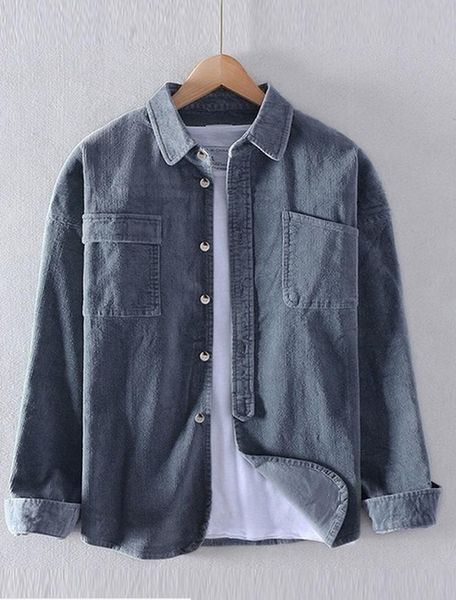 

men's casual shirts men clothing 2021 fall style japanese retro corduroy plus size long sleeve shirt loose turn-down collar camisas par, White;black