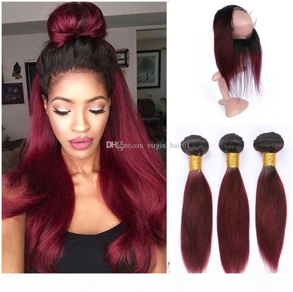 

ombre human hair bundles 3pcs with 360 lace frontal closure 99j burgundy pre plucked 360 lace band frontal with hair bundles, Black;brown