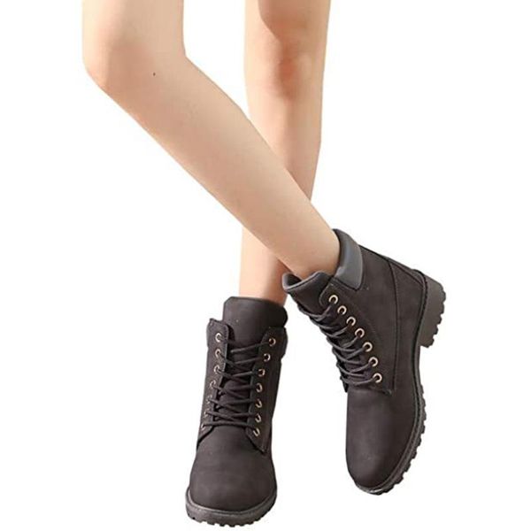 

boots women's round toe waterproof ankle bootie lace up low heel work combat sneaker fashion, Black