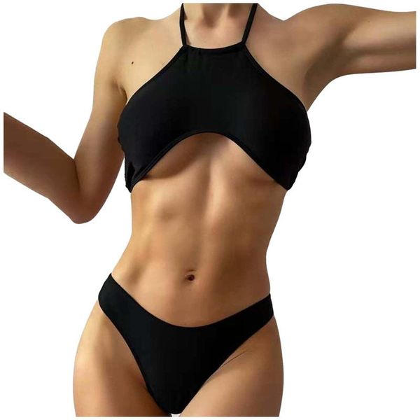 

women's swimwear summer off-the-shoulder strappy bikinis set women fashion two-piece bikini solid color beachwear, White;black