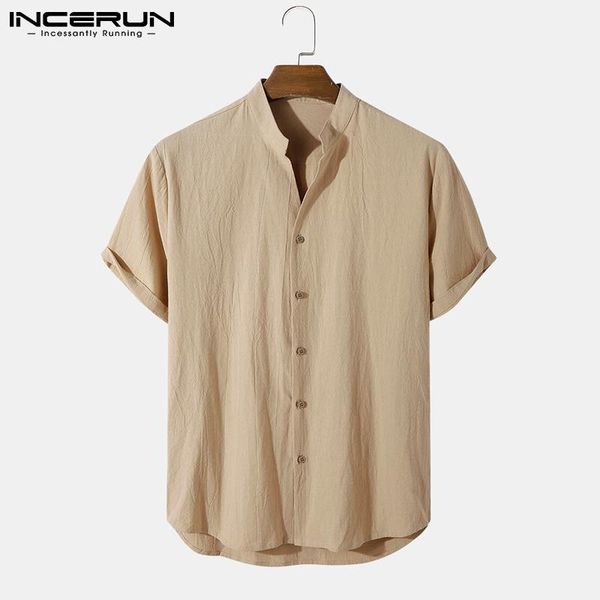 

men's casual shirts incerun men cotton shirt streetwear summer stand collar short sleeve 2021 camisas solid color clothing harajuku s-5, White;black