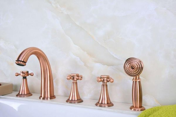 

bathroom sink faucets antique red copper brass deck 5 holes bathtub mixer faucet handheld shower widespread set basin water tap atf2051