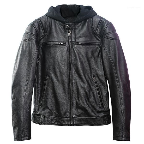 

men's leather & faux motorcycle riding hooded cowhide jacket young brand in the autumn, Black