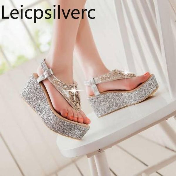 

sandals women's summer the fashion crystal open toe sequin beading high heel wedge shoes plus size 31-49, Black