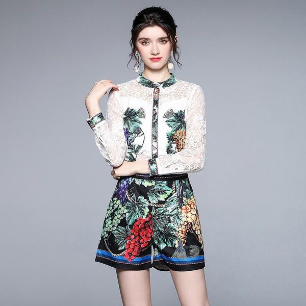 

women's tracksuits summer suit holiday pastoral style stand-up collar lace stitching printed high-waist shorts female sets x158, Gray