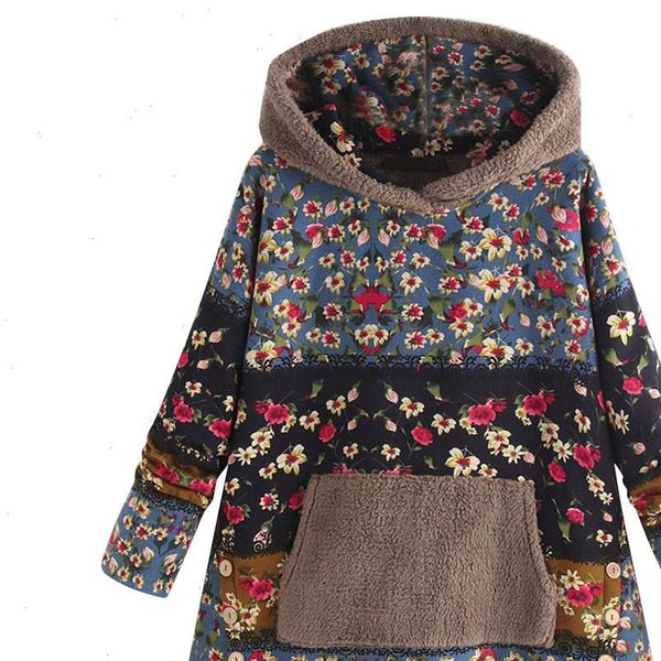 

women autumn winter hoodies women fleece patchwork floral print long sleeve pockets plus size hoodie coat outwear 9m3, Black