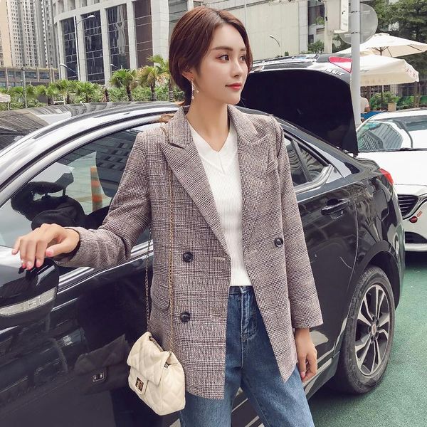 

women's suits & blazers 2021 spring autumn casual loose chic small suit plaid coat female korean double-breasted retro jacket, White;black
