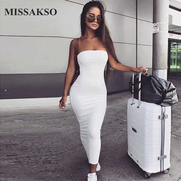 

missakso women strapless midi dress night club elegant slash neck black white red party summer bodycon dresses 210625, Black;gray