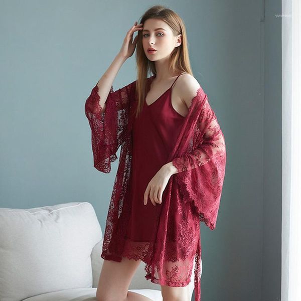 

ymeng pajamas woman summer sleep wear women's sling nightdress lace nightgown two-piece ladies home service suit women1, Black;red
