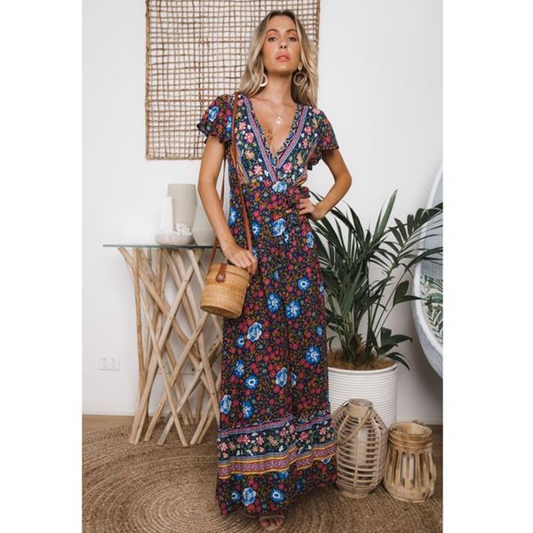 

2021 new v neck short sleeve summer ruffled hem casual beach long maxi dress boho floral print women dresses vestido l9sc, Black;gray