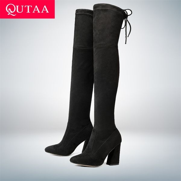 

qutaa flock leather women over the knee boots lace up high heels autumn woman shoes winter women boots size 34-43 210914, Black