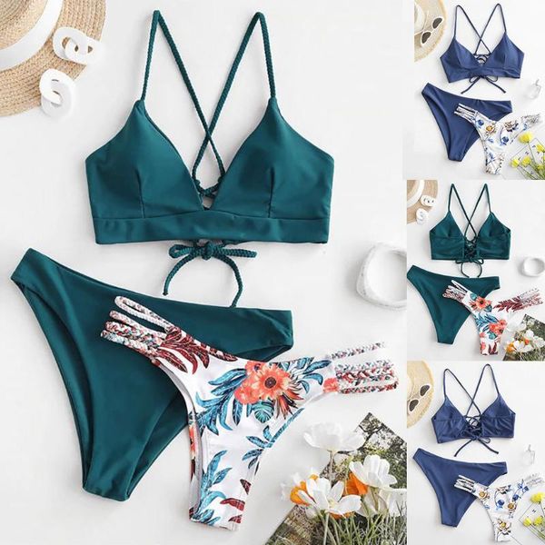 

one-piece suits 2021 summer women print bikini set swimsuit three piece nylon filled bra swimwear beachwear bathing suit maillot de bai