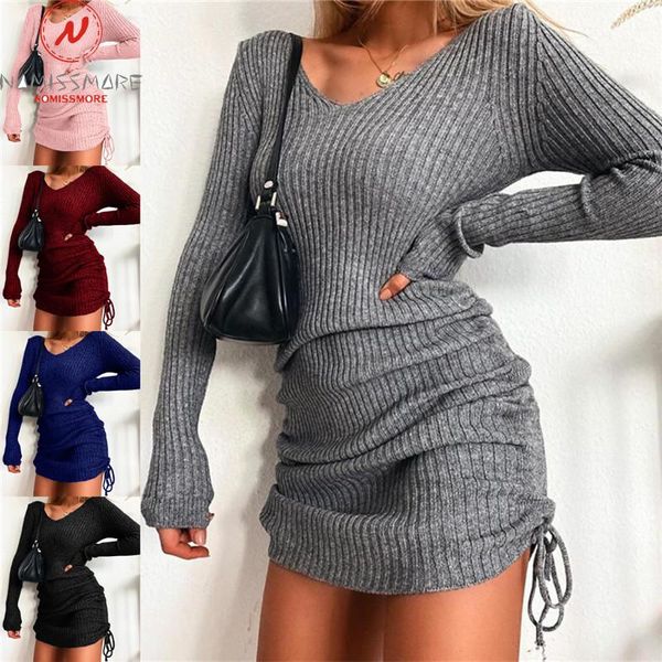 

casual dresses fashion women solid color pencil dress for streetwear shrinkage drawstring design v-neck long sleeve mid waist slim hips, Black;gray