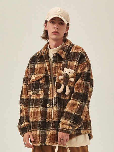 

extended sizes men plaid teddy coat with 3d bear p3wj#, Black;brown