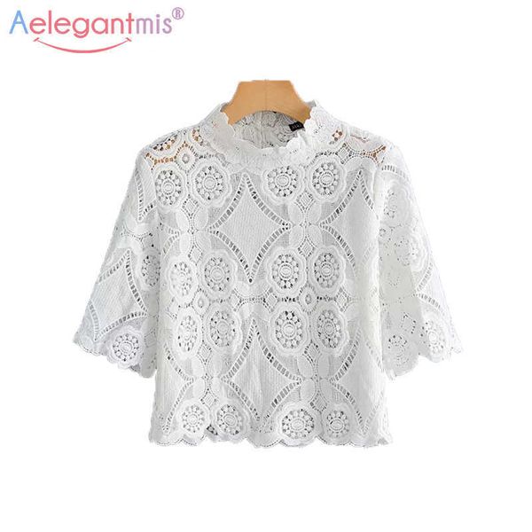 Aelegantmis Bahar Seksi Dantel Oymak Beyaz Kadınlar Zarif Kısa Kollu Tshirt Bayanlar Yaz Yüksek Sokak Rahat T Shirt 210607