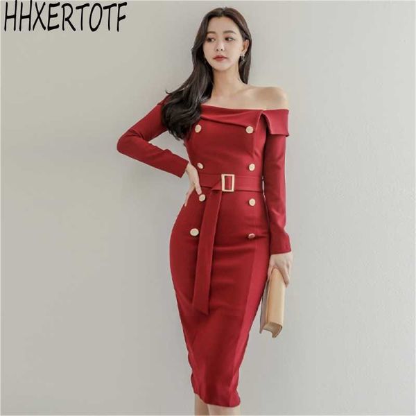 

spring autumn slash neck red double-breasted pencil dres vestidos sheath bodycon dresses 210531, Black;gray