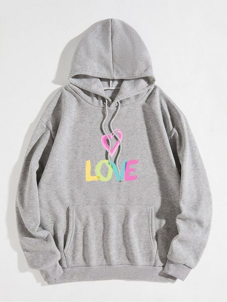 

letter & heart print kangaroo pocket drawstring thermal hoodie k9um#, White;black