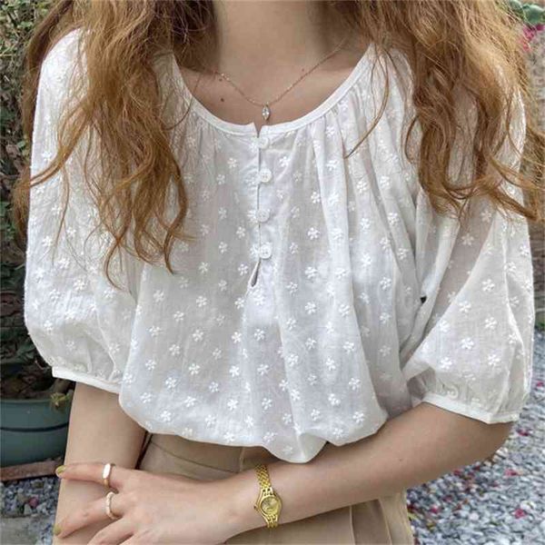 

women's knits & tees loose elegance retro sweet girls 2021 casual summer femme slim streetwear thin short sleeves blouses b7x, White
