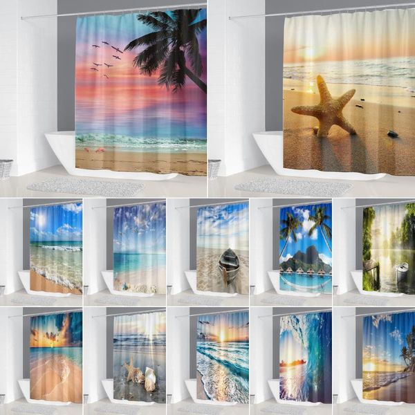 

shower curtains 3d beach scenery fabric curtain waterproof starfish shell bath with 12 hooks bathroom decoration