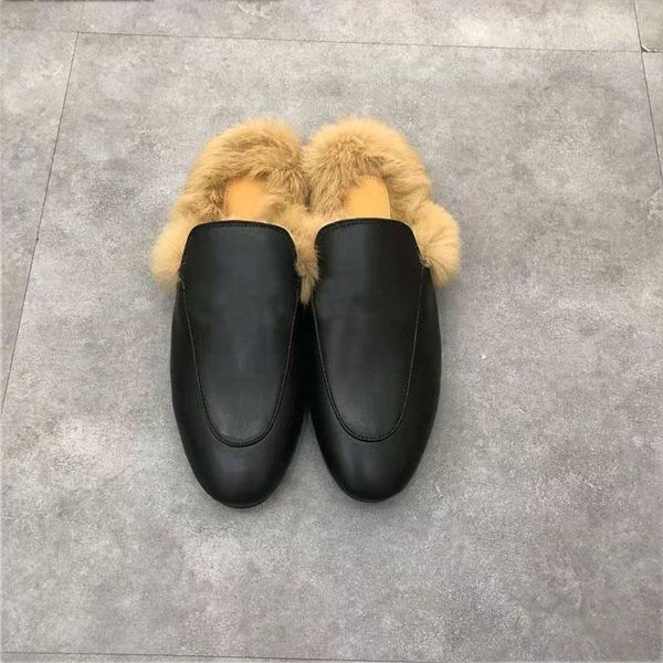 

slippers winter shoes woman genuine leather fur female flat loafers, Black