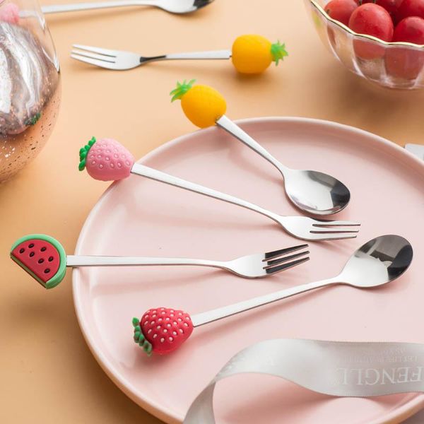 

forks 10pcs cute stainless steel fruit shaped coffee tableware pineapple dessert tea spoon drink fork kitchen supplies
