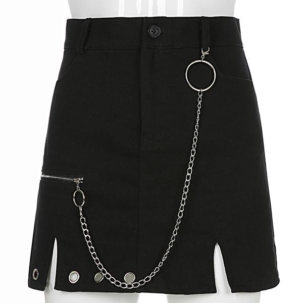 

suchcute gothic women skirts with metal chain split modis mini a-line skirt black summer 2020 streetwear female party outfits