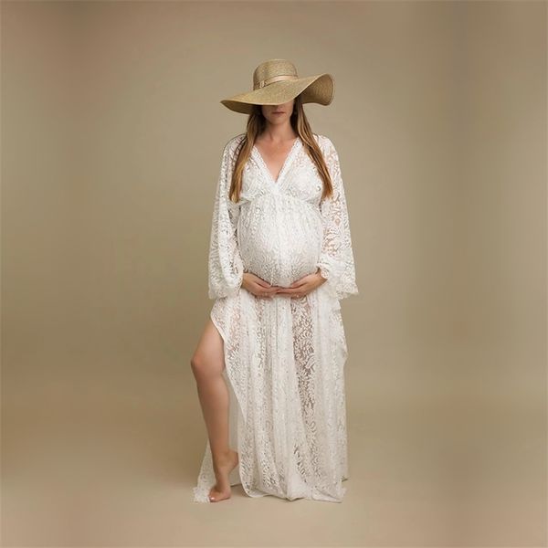 

boho maternity lace dresses for po shoot pregnant woman graphy dress shooting maxi gown v-neck 210726, White