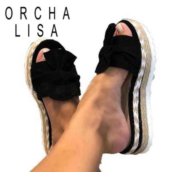 

orchalisa slippers women slides summer bow summer sandals bow-knot slippers with thick soles platform female floral beach c2291, Black