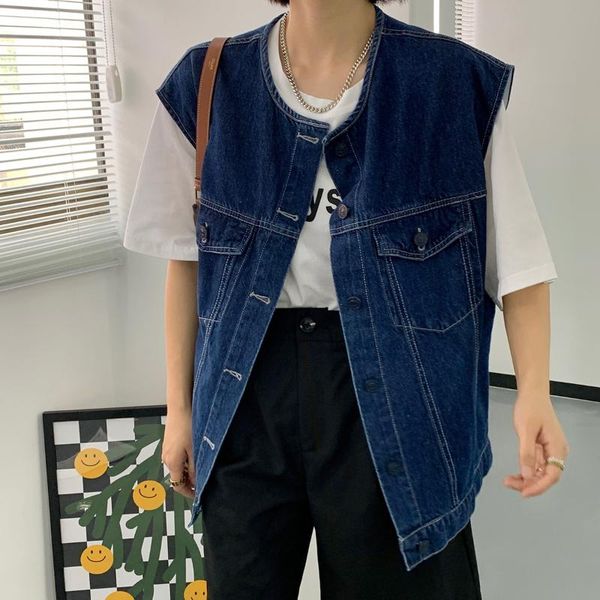 

women's vests 5310 black denim coat women fashion sleeveless autumn loose streetwear patchwork unique big pockets vest female simple wa, Black;white