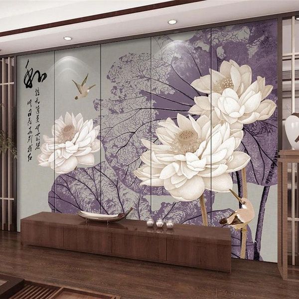 Papéis de parede personalizados 3D de parede mural de estilo chinês Arte Luz de lótus Flor Po papel de parede Estudo Estudar Frescos de decoração de fundo