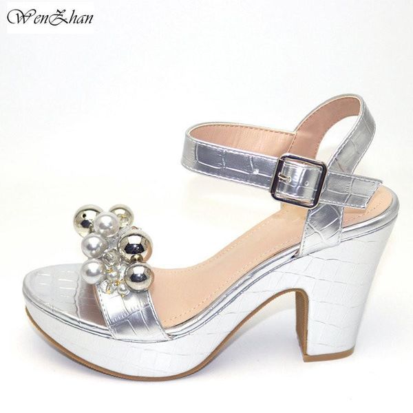 

silver african design elegant pumps shoes with nice iron beads high heels sandals for party wedding 37-42 wenzhan c910-191, Black