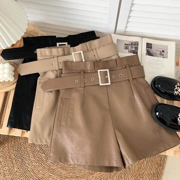 

women's shorts 2021autumn and winter leather female korean version of high waist wide leg loose a word pu soft, White;black