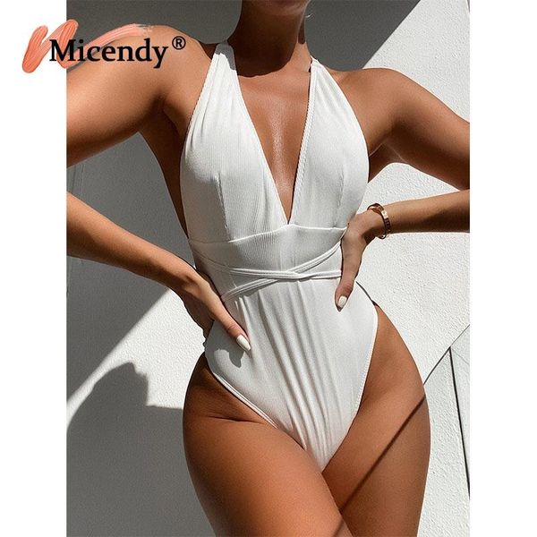 

micendy white swimsuits women halter bandage bather bathing suits deep-v swimwear push up one-piece suits ribbed bodysuits