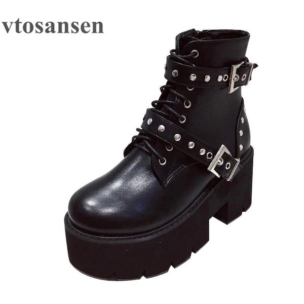 

boots shoes 2021 autumn women buckles round toe thick platform rivets short female ankle gothic style black british