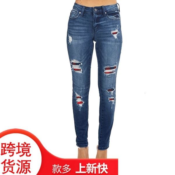 

autumn and winter hole tight female denim pants hip lifting leggings, Blue